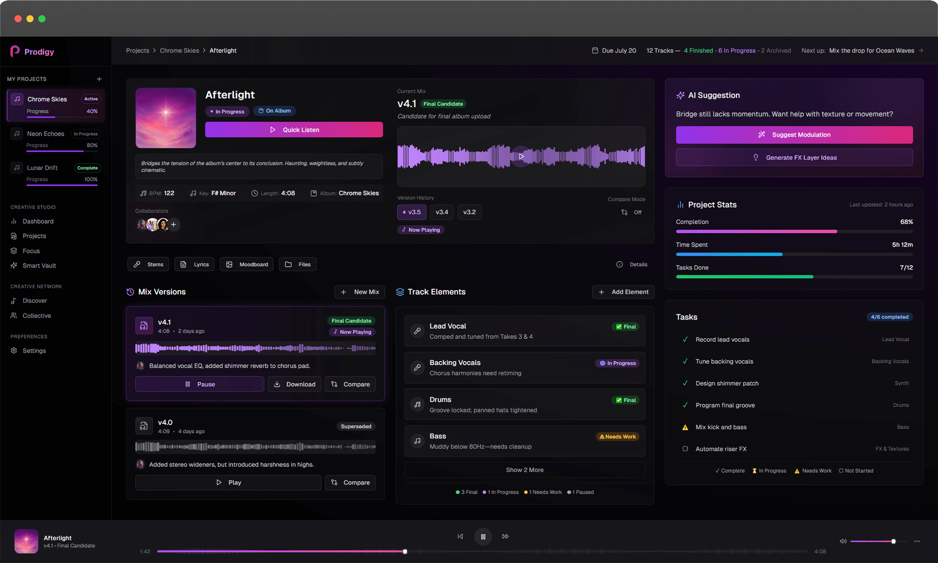 Prodigy app interface showing project management for music producers